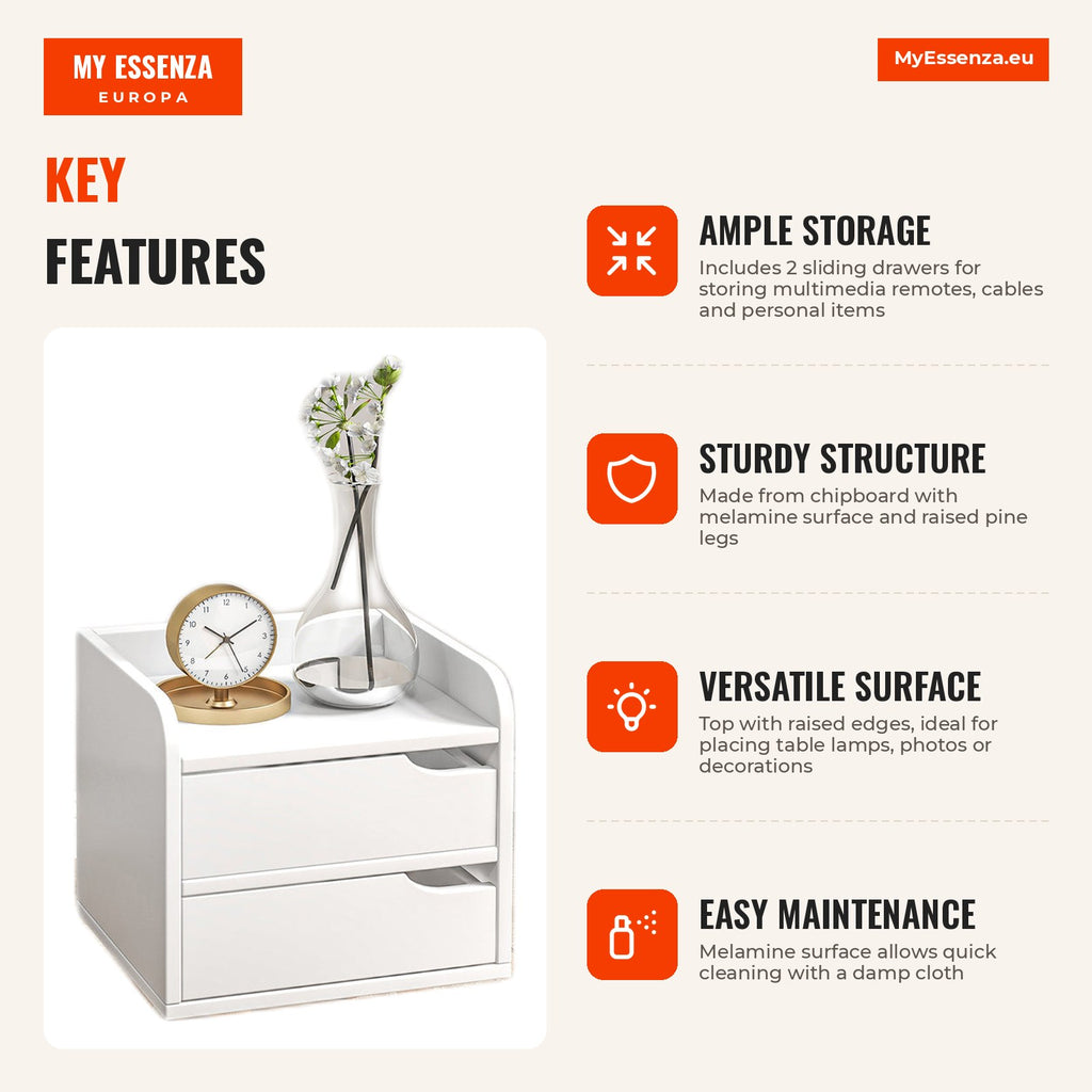 Multi-use bedside table with 2 spacious drawers and raised pine legs Modern design 33x28x42cm White — Infografia EN (vantagens)