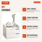 Multi-use bedside table with 2 spacious drawers and raised pine legs Modern design 33x28x42cm White — Infografia EN (vantagens)
