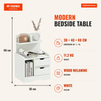Modern bedside table with 2 drawers and 3 storage compartments 40x30x60 cm white HOMCOM — Infografia EN (medidas)