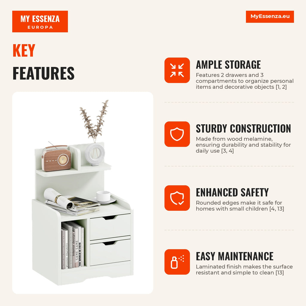 Modern bedside table with 2 drawers and 3 storage compartments 40x30x60 cm white HOMCOM — Infografia EN (vantagens)