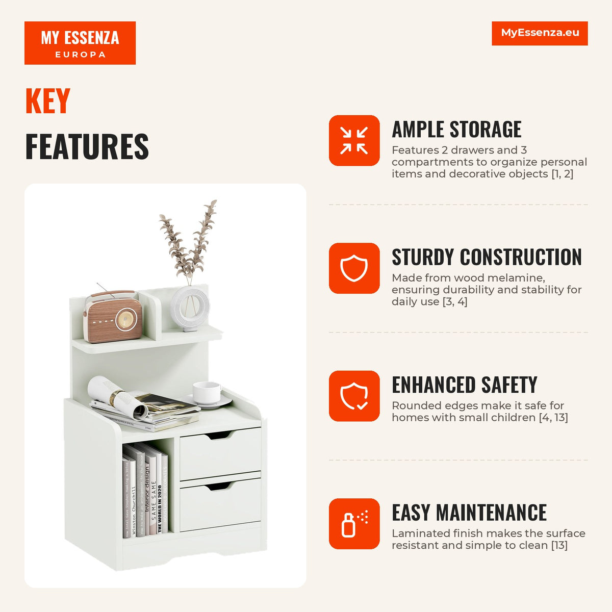 Modern bedside table with 2 drawers and 3 storage compartments 40x30x60 cm white HOMCOM — Infografia EN (vantagens)