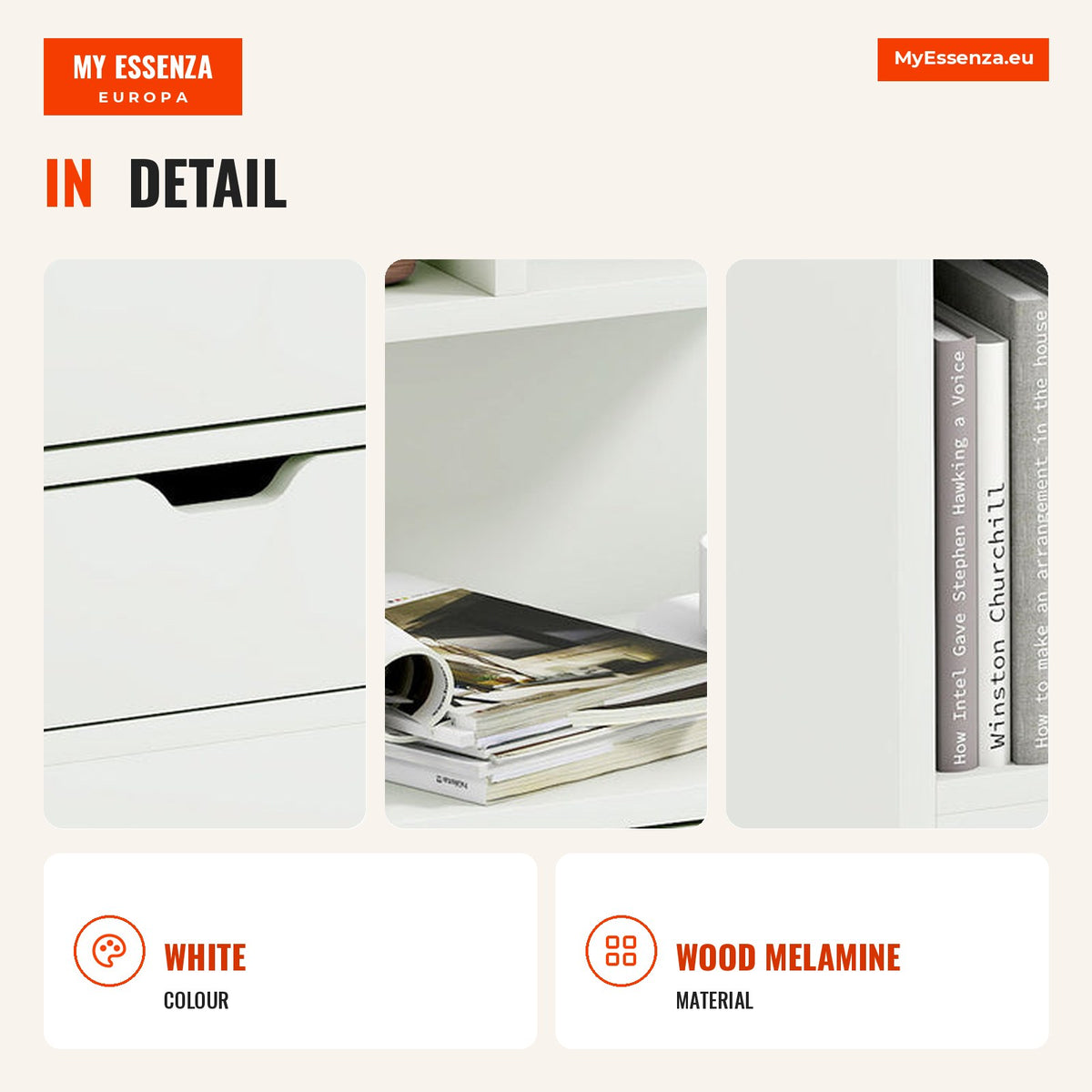 Modern bedside table with 2 drawers and 3 storage compartments 40x30x60 cm white HOMCOM — Infografia EN (detalhe)