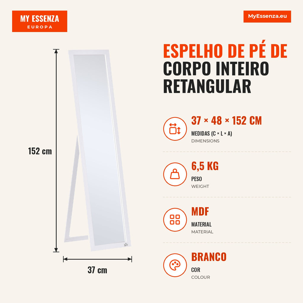 Rectangular Full-Length Standing Mirror with 2 Usage Options for Bedrooms, Living Rooms, Corridors 37x48x152cm White — Infografia PT (medidas)
