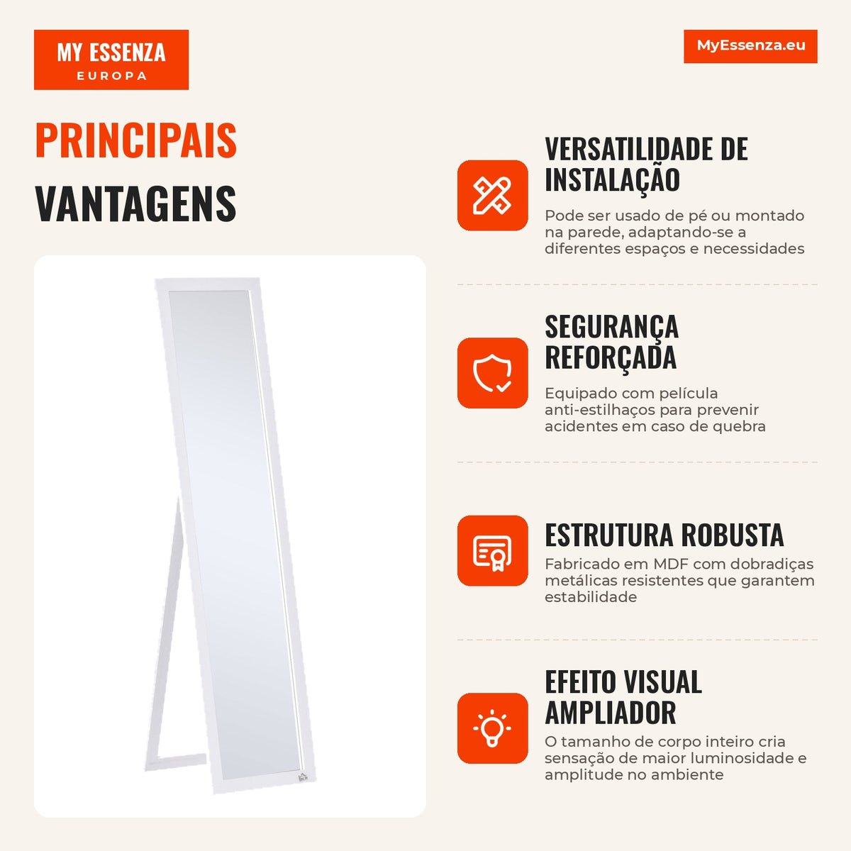 Rectangular Full-Length Standing Mirror with 2 Usage Options for Bedrooms, Living Rooms, Corridors 37x48x152cm White — Infografia PT (vantagens)
