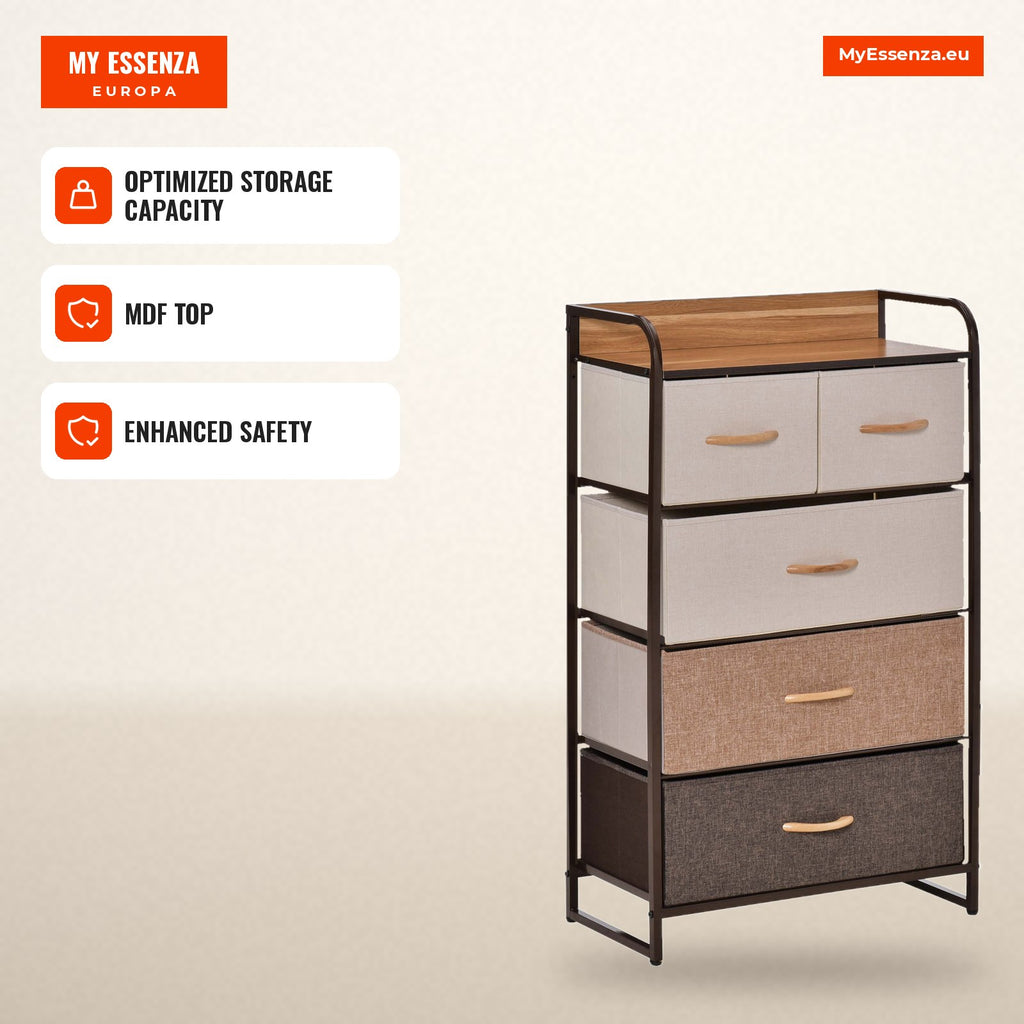 Narrow Chest of Drawers with 5 Foldable Fabric Drawers, Bedroom Chest with Metal Frame, Storage for Small Spaces, Living — Infografia EN (em uso)