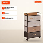 Narrow Chest of Drawers with 5 Foldable Fabric Drawers, Bedroom Chest with Metal Frame, Storage for Small Spaces, Living — Infografia EN (em uso)