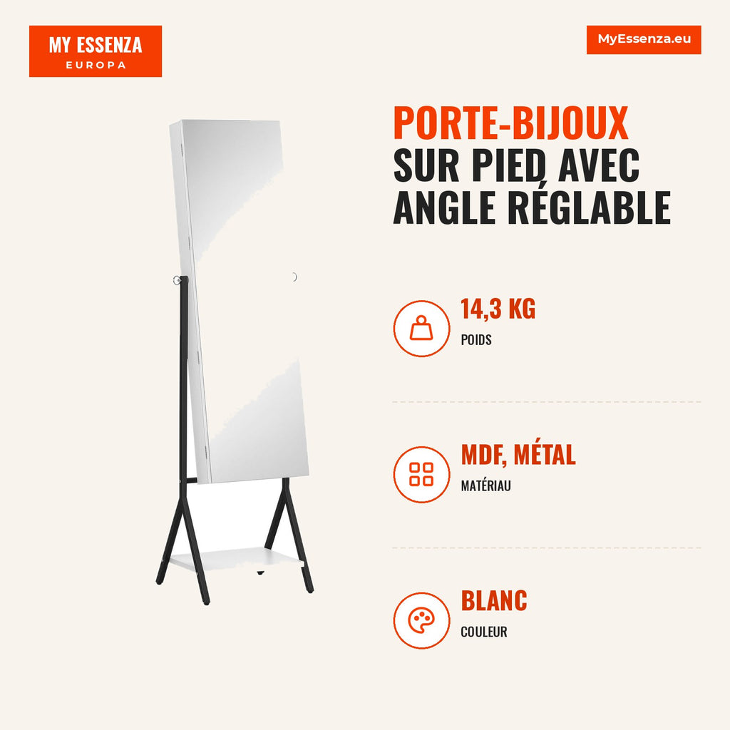 Adjustable Angle Standing Jewelry Cabinet Full-Length Mirror with Lower Shelf Magnetic Lock Jewelry Holders 47x36x157cm  — Infografia FR (medidas)