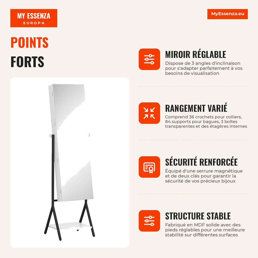 Adjustable Angle Standing Jewelry Cabinet Full-Length Mirror with Lower Shelf Magnetic Lock Jewelry Holders 47x36x157cm  — Infografia FR (vantagens)