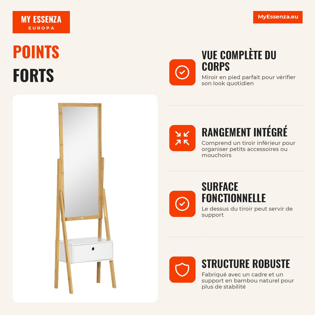 HOMCOM Bamboo Free-Standing Full-Length Mirror with 1 Drawer for Bedroom Dressing Room Hallway Modern Style 45x30x160cm  — Infografia FR (vantagens)