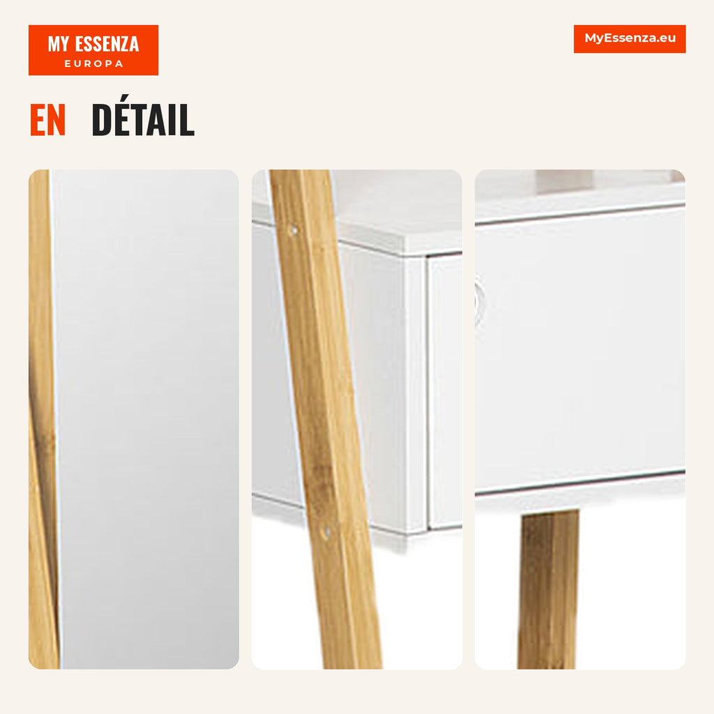 HOMCOM Bamboo Free-Standing Full-Length Mirror with 1 Drawer for Bedroom Dressing Room Hallway Modern Style 45x30x160cm  — Infografia FR (detalhe)