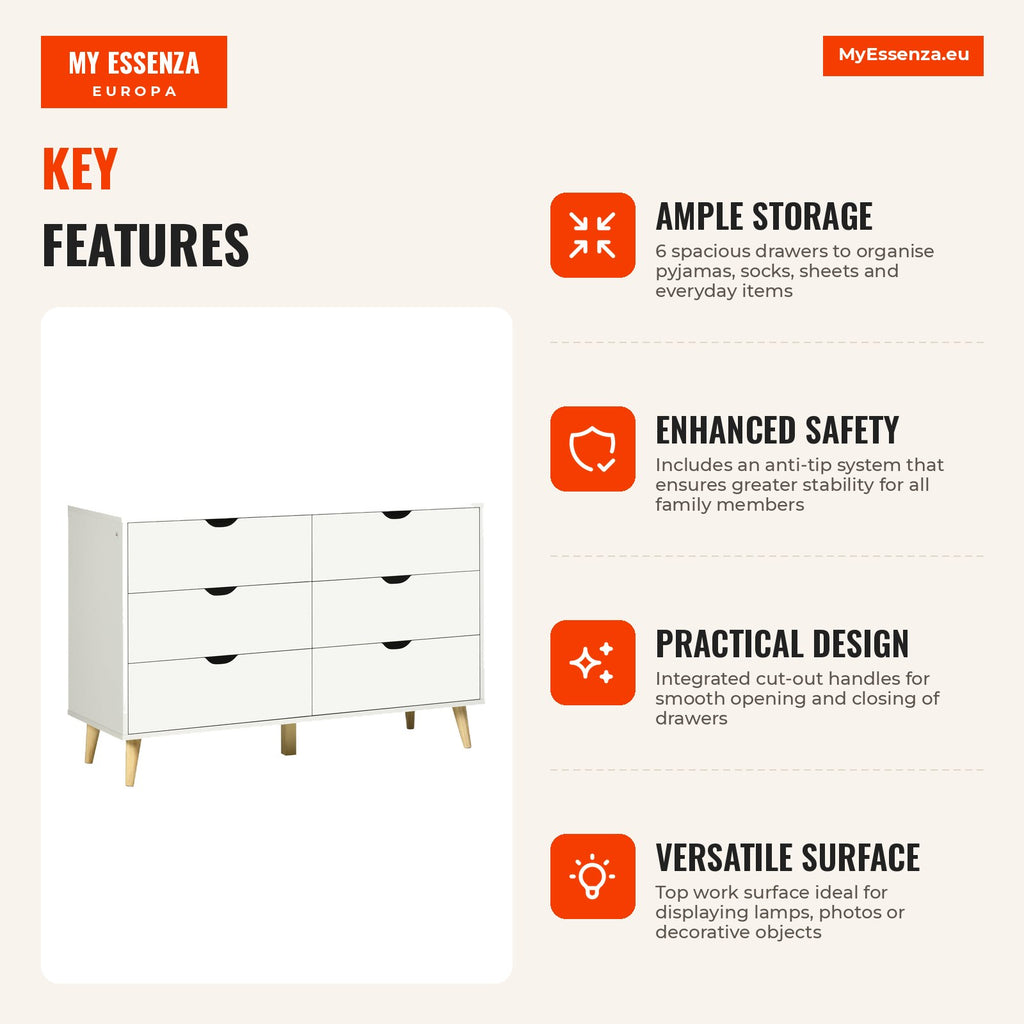 6-Drawer Chest with Raised Legs for Bedroom & Living Room 120x40x76 cm White — Infografia EN (vantagens)