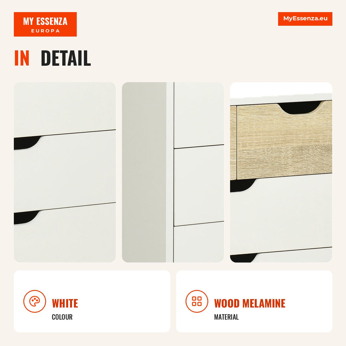 HOMCOM 5 Drawer Chest with Raised Legs for Bedroom — Infografia EN (detalhe)