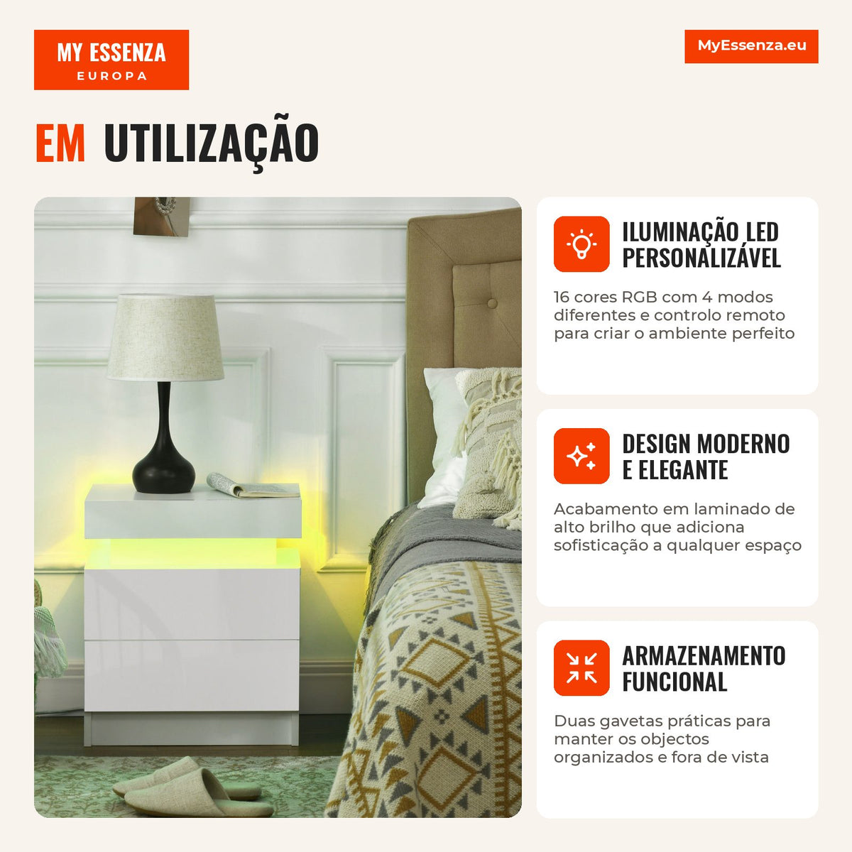 Table de Chevet avec Lumière LED Table avec Panneau Haute Brillance 2 Tiroirs et Télécommande pour Salon Chambre 45x35x5 — Infografia PT (em utilização)