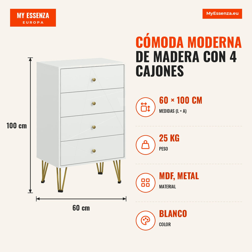 Modern Wooden Chest of Drawers with 4 Drawers and Metal Legs for Bedroom, Living Room, Office 60x40x100 cm White — Infografia ES (medidas)