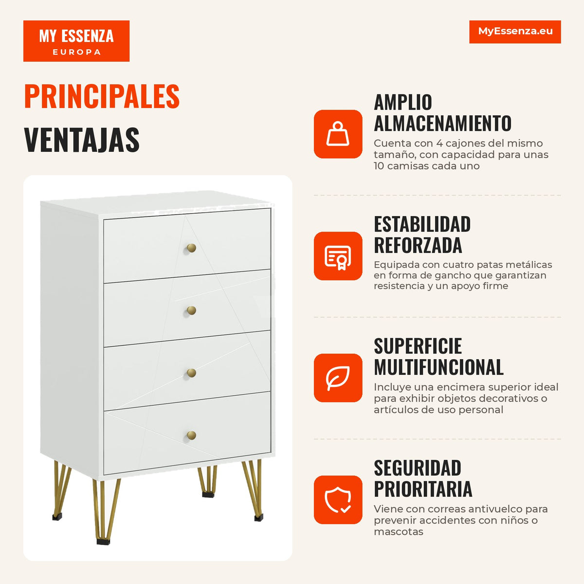Modern Wooden Chest of Drawers with 4 Drawers and Metal Legs for Bedroom, Living Room, Office 60x40x100 cm White — Infografia ES (vantagens)