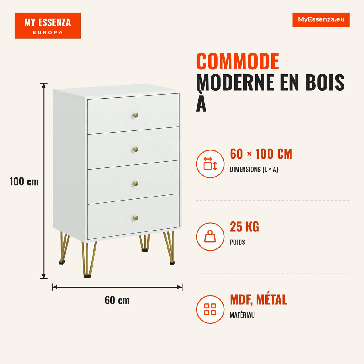 Modern Wooden Chest of Drawers with 4 Drawers and Metal Legs for Bedroom, Living Room, Office 60x40x100 cm White — Infografia FR (medidas)