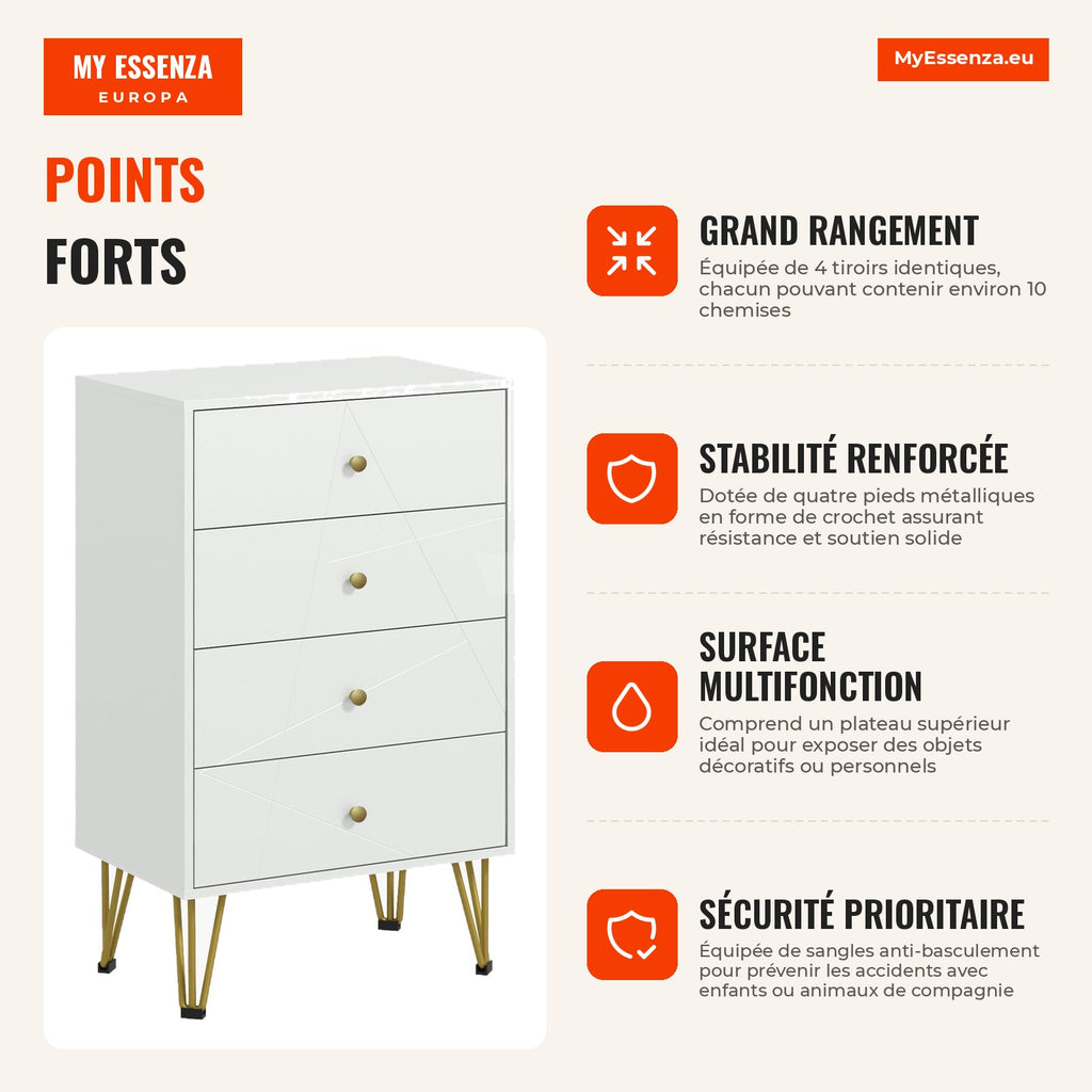 Modern Wooden Chest of Drawers with 4 Drawers and Metal Legs for Bedroom, Living Room, Office 60x40x100 cm White — Infografia FR (vantagens)
