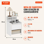 Bedside Table with Charging Station, USB Ports, Drawer and Open Shelves 40x40x60 cm White — Infografia PT (medidas)