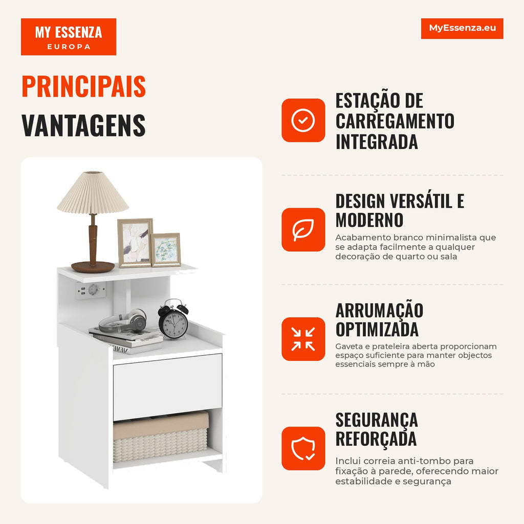 Bedside Table with Charging Station, USB Ports, Drawer and Open Shelves 40x40x60 cm White — Infografia PT (vantagens)