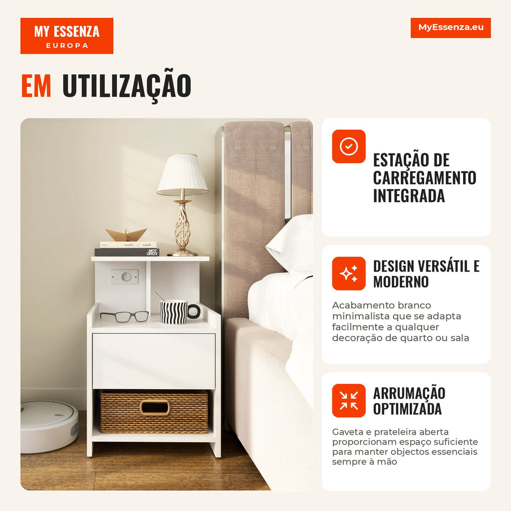 Bedside Table with Charging Station, USB Ports, Drawer and Open Shelves 40x40x60 cm White — Infografia PT (detalhe)
