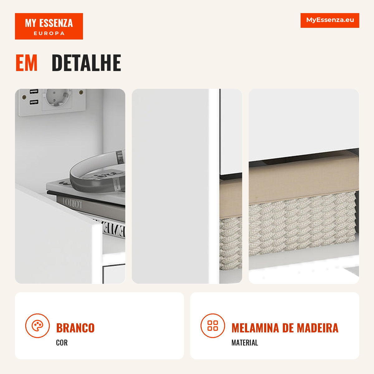 Bedside Table with Charging Station, USB Ports, Drawer and Open Shelves 40x40x60 cm White — Infografia PT (detalhe)