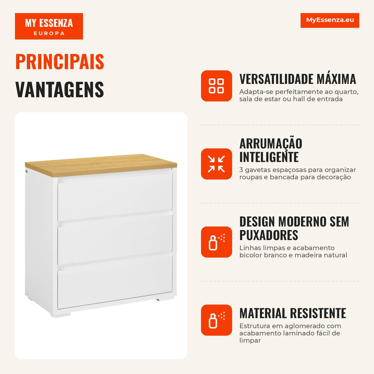 Modern 3 Drawer Chest Wooden Chest for Bedroom Living Room Max Load 40 kg 70x37x75 cm White and Wood — Infografia PT (vantagens)