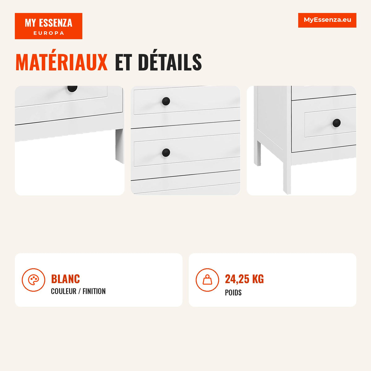 Commode Blanche 5 Tiroirs pour Chambre | HOMCOM — Infografia FR (materiais e detalhes)