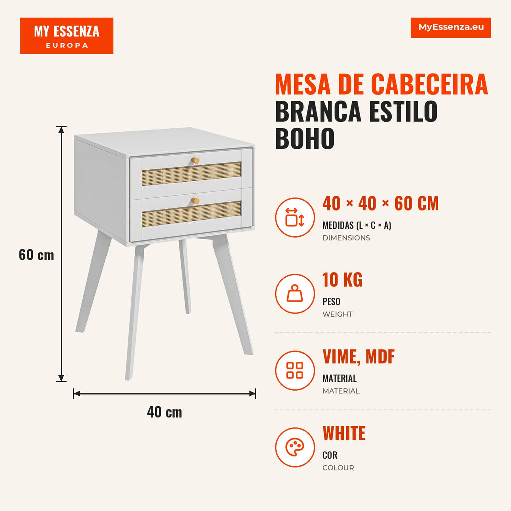 White Boho Style Bedside Table with 2 Drawers and Wicker Decoration 40x40x60 cm — Infografia PT (medidas)