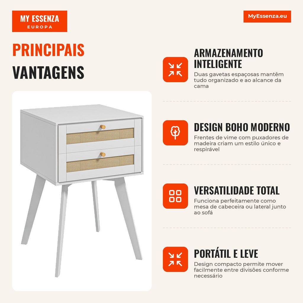 White Boho Style Bedside Table with 2 Drawers and Wicker Decoration 40x40x60 cm — Infografia PT (vantagens)