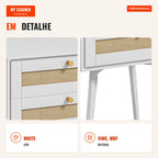 White Boho Style Bedside Table with 2 Drawers and Wicker Decoration 40x40x60 cm — Infografia PT (detalhe)