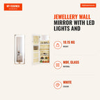 Espelho Joalheiro de Parede Espelho de Parede com Luzes LED e Fechadura Armário para Jóias para Pendurar na Parede ou na — Infografia EN (medidas)