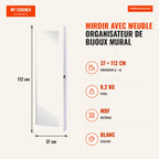 Wall Mirror Jewelry Organizer with Hooks and Slots 37x9.5x112cm White — Infografia FR (medidas)
