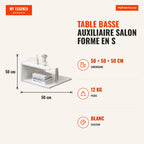 Mesa de Centro Mesa Auxiliar de Sala de Estar com Forma de S Compartimentos Abertos 2 Níveis Desenho Elegante 50x50x50cm — Infografia FR (medidas)
