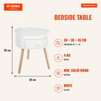 Table de chevet avec 1 tiroir Table d'appoint ronde avec bord surélevé et 3 pieds en bois pour chambre et salon Style mo — Infografia EN (medidas)