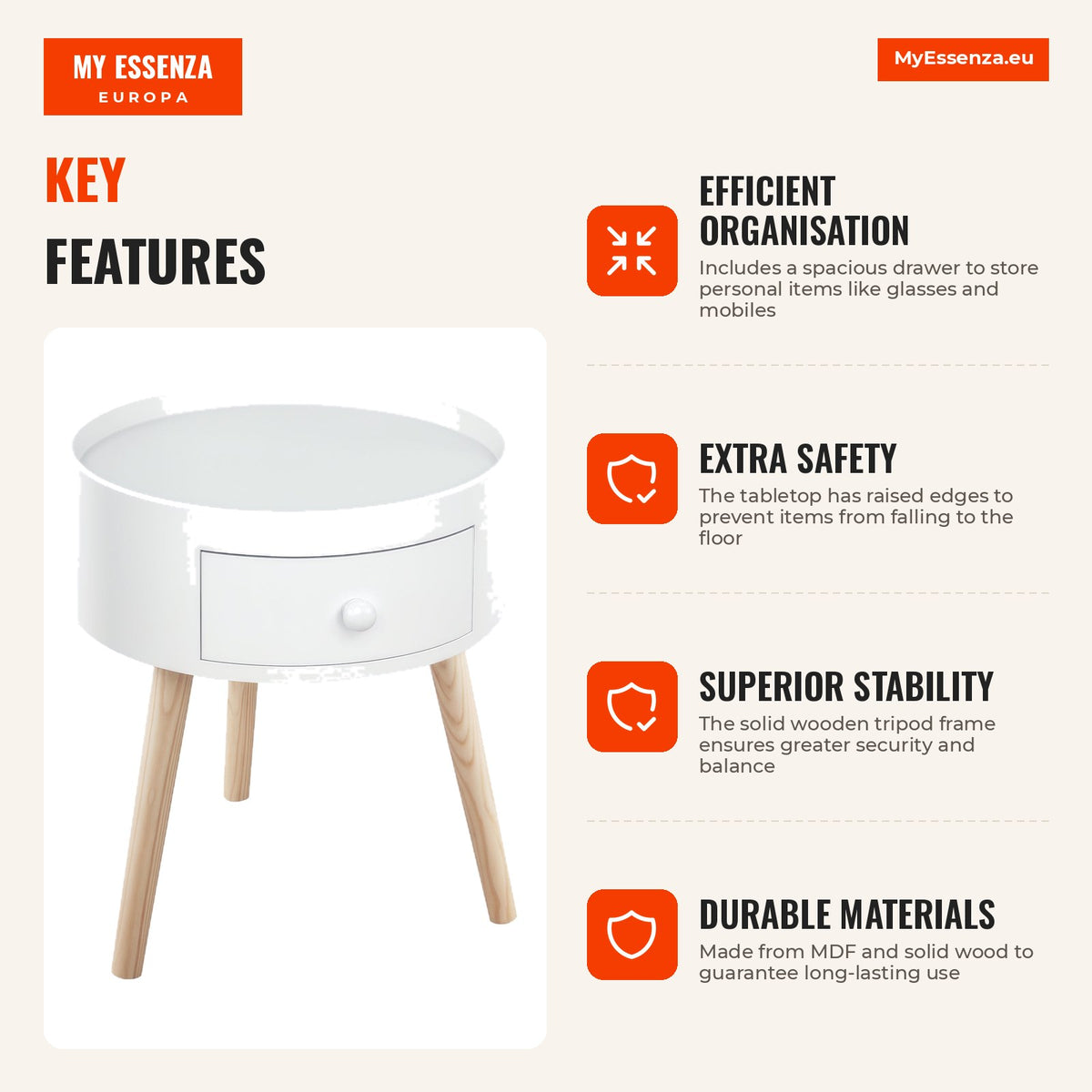 Table de chevet avec 1 tiroir Table d'appoint ronde avec bord surélevé et 3 pieds en bois pour chambre et salon Style mo — Infografia EN (vantagens)