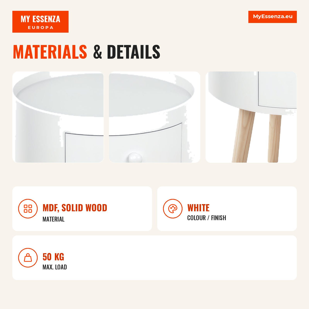 Table de chevet avec 1 tiroir Table d'appoint ronde avec bord surélevé et 3 pieds en bois pour chambre et salon Style mo — Infografia EN (materiais e detalhes)
