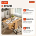 Foldable Dining Table with Wheels Multifunctional Table for Dining Room with 3 Shapes 140x80x74cm Wood — Infografia FR (em utilização)
