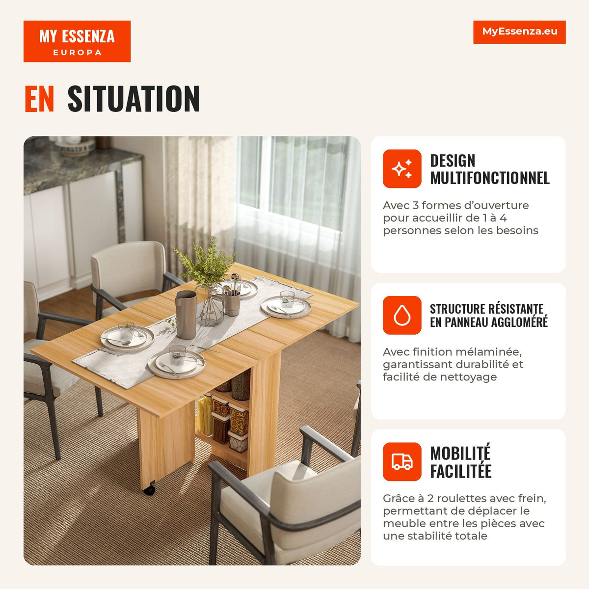 Foldable Dining Table with Wheels Multifunctional Table for Dining Room with 3 Shapes 140x80x74cm Wood — Infografia FR (em utilização)