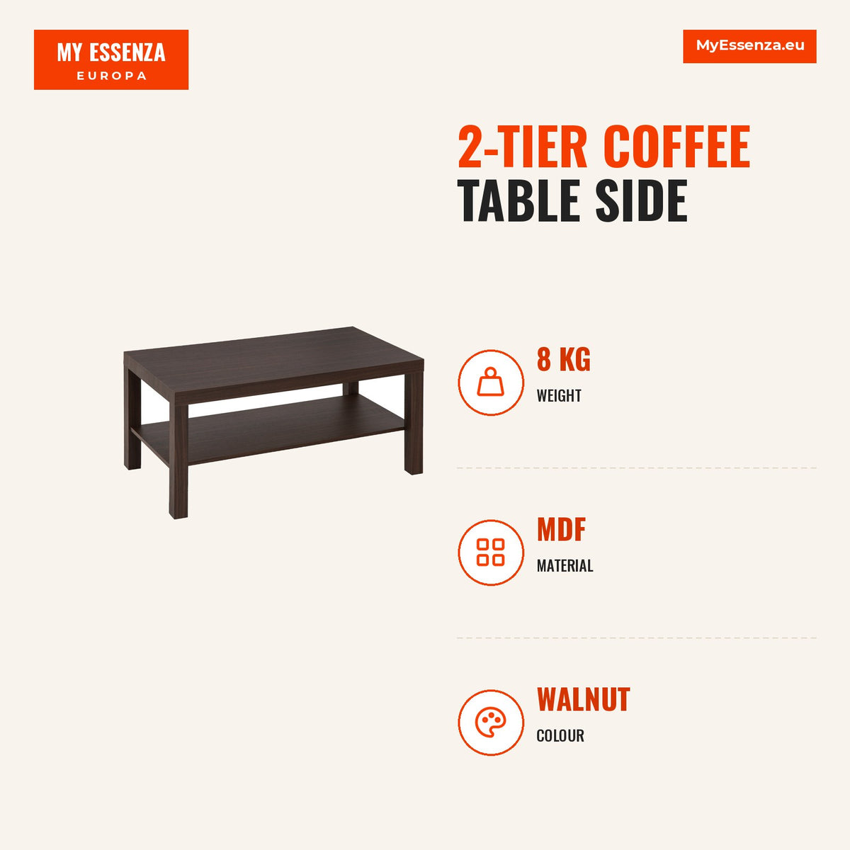 2-Tier Coffee Table Side Table for Living Room Office 90x45x45.5cm Walnut — Infografia EN (medidas)