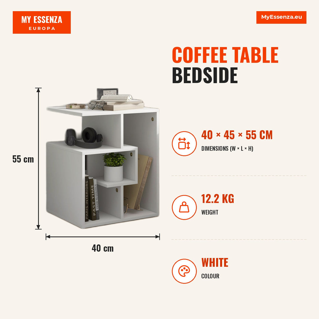 Mesa de centro Mesita de noche Mesa de café Mesas auxiliares para salón dormitorio Estantería 45x40x55cm Blanco — Infografia EN (medidas)