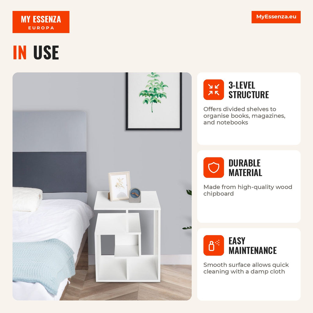 Mesa de centro Mesita de noche Mesa de café Mesas auxiliares para salón dormitorio Estantería 45x40x55cm Blanco — Infografia EN (em utilização)