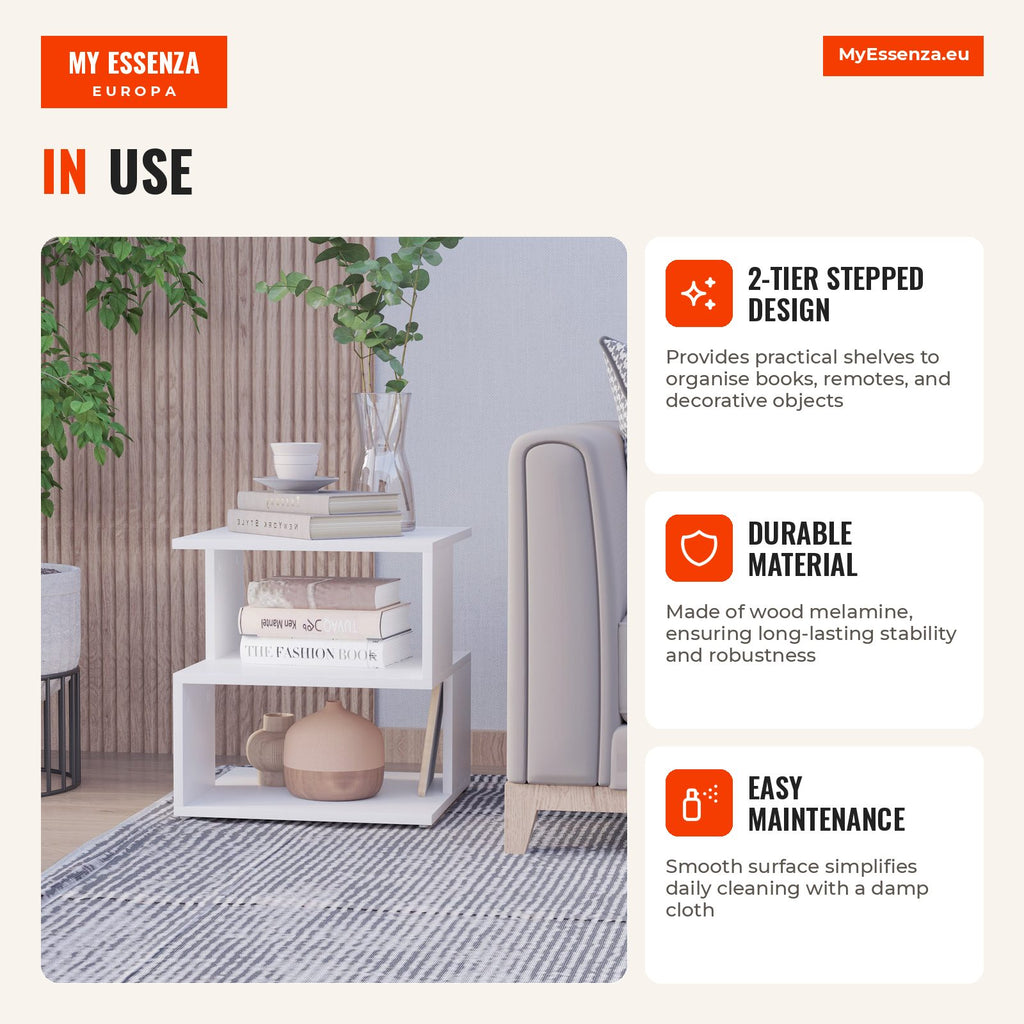 Table d'appoint 2 niveaux avec étagère pour salon et chambre 40x40x43 cm Blanc — Infografia EN (em utilização)