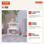 Table d'appoint 2 niveaux avec étagère pour salon et chambre 40x40x43 cm Blanc — Infografia EN (em utilização)