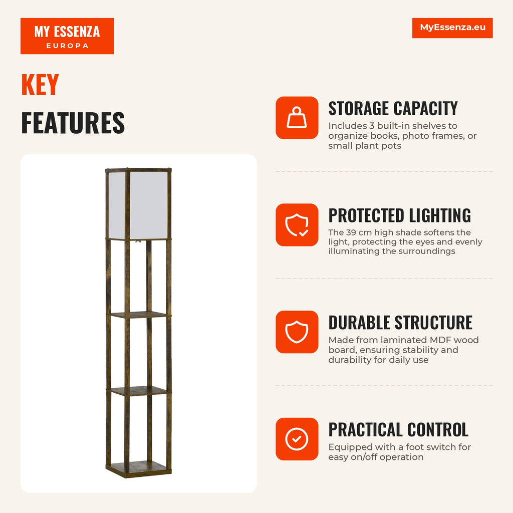 Wood Floor Lamp with 3 Storage Shelves for E27 Bulb Max 40W Modern Lamp for Living Room Bedroom 26x26x160 cm Rustic Brow — Infografia EN (vantagens)