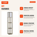 Wood Floor Lamp with 3 Storage Shelves for E27 Bulb Max 40W Modern Lamp for Living Room Bedroom 26x26x160 cm Rustic Brow — Infografia EN (vantagens)