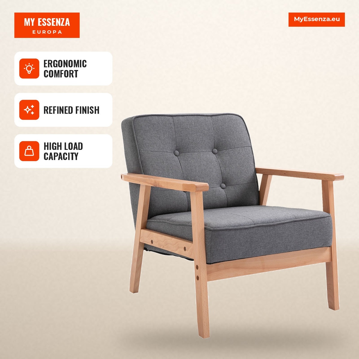 Single Upholstered Linen Armchair with Padded Seat and Wooden Frame for Office Bedroom Load 200kg 70x64.5x74cm Grey and  — Infografia EN (em uso)