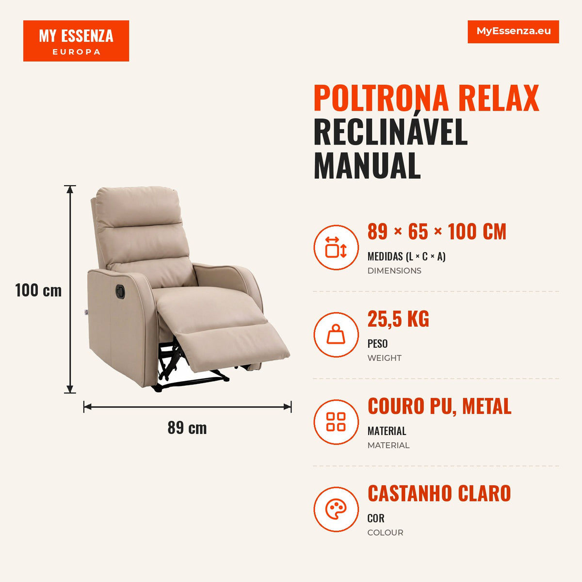 Manual Recliner Relax Chair with PU Upholstery and Retractable Footrest, Thick Padding, Reclines up to 160°, Light Brown — Infografia PT (medidas)