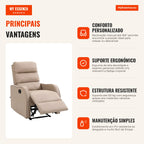Manual Recliner Relax Chair with PU Upholstery and Retractable Footrest, Thick Padding, Reclines up to 160°, Light Brown — Infografia PT (vantagens)