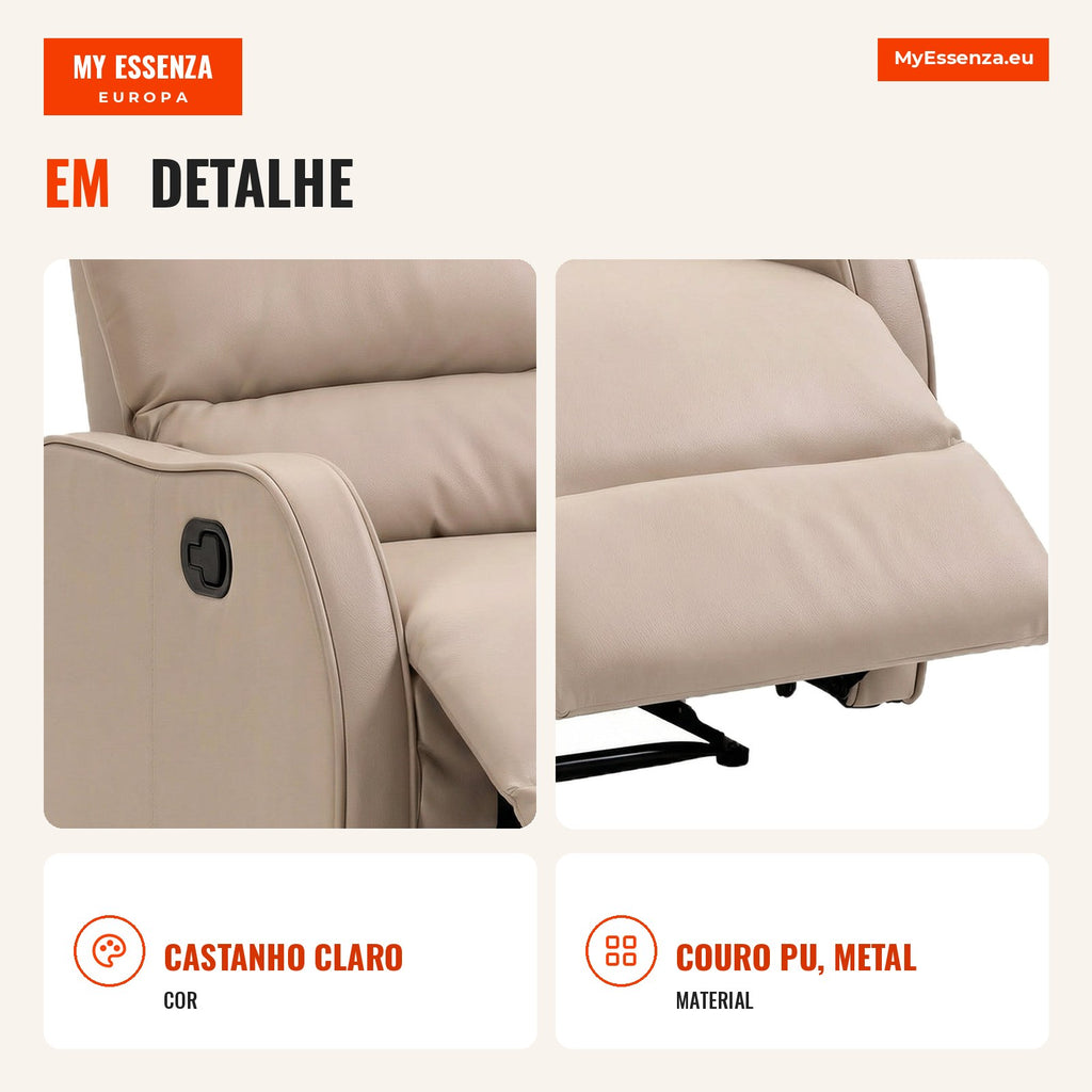 Manual Recliner Relax Chair with PU Upholstery and Retractable Footrest, Thick Padding, Reclines up to 160°, Light Brown — Infografia PT (detalhe)