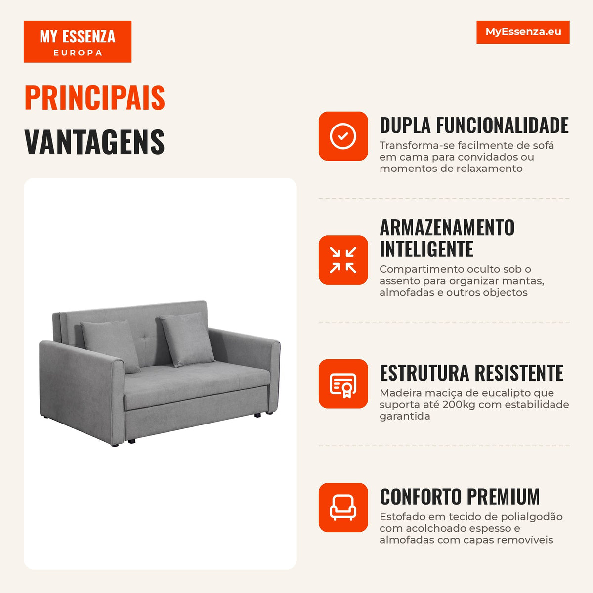 2-Seater Sofa Bed Upholstered in Cotton with 2 Cushions, Armrests and Storage, Modern Double Sofa for Living Room Office — Infografia PT (vantagens)